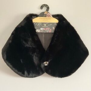 NEW Faux Fur Stole Wrap Christian Lacroix Black Mink Crystal Brooch Mob Wife